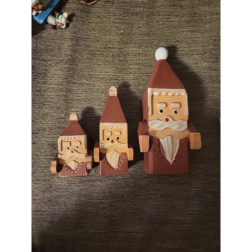 Set Of 3 Vintage Wooden Santas Rustic Farmhouse